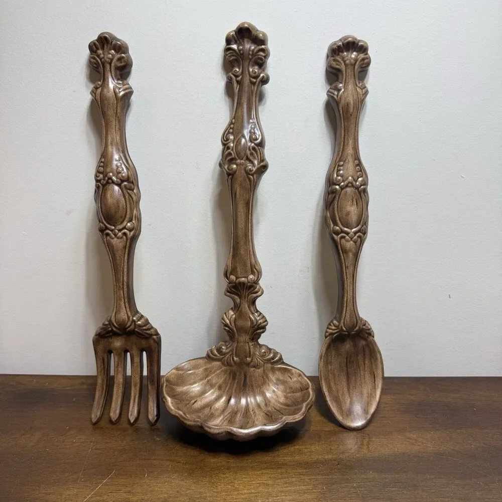 Vintage Ornate Large Spoon Fork Ladle Ceramic Wall Hang Kitchen Decor Set MCM 70
